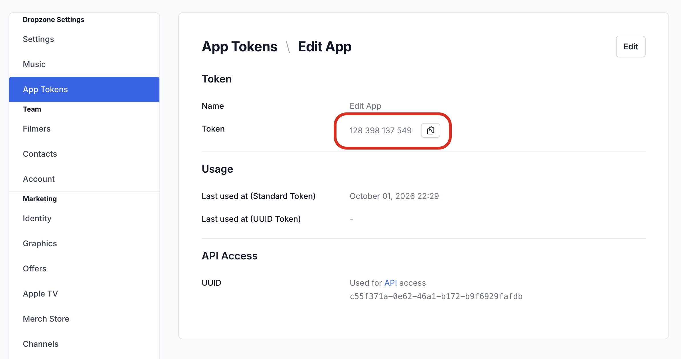 The token, with its copy button